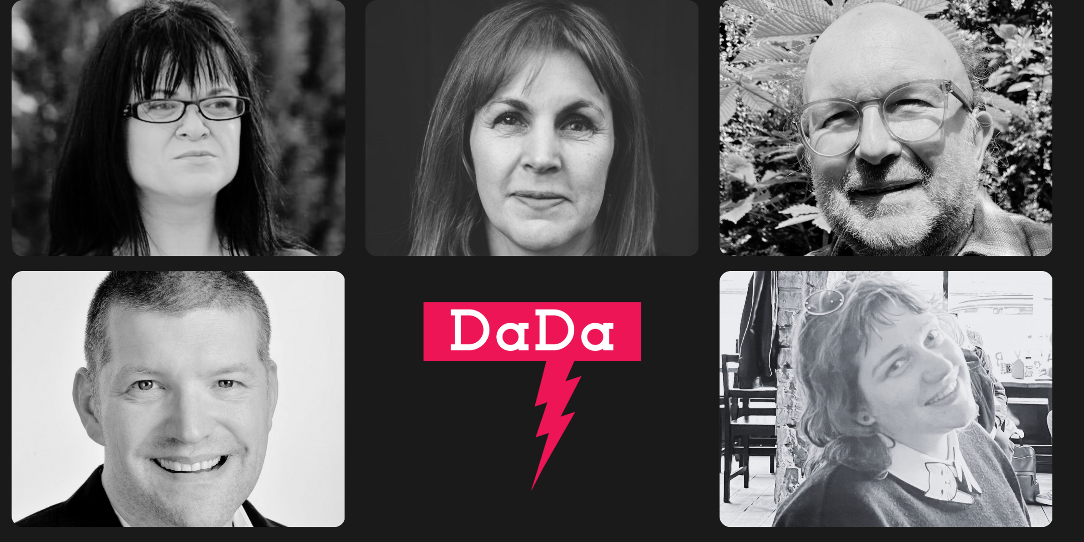 Black and white headshots of the 5 new board members alongside a DaDa logo